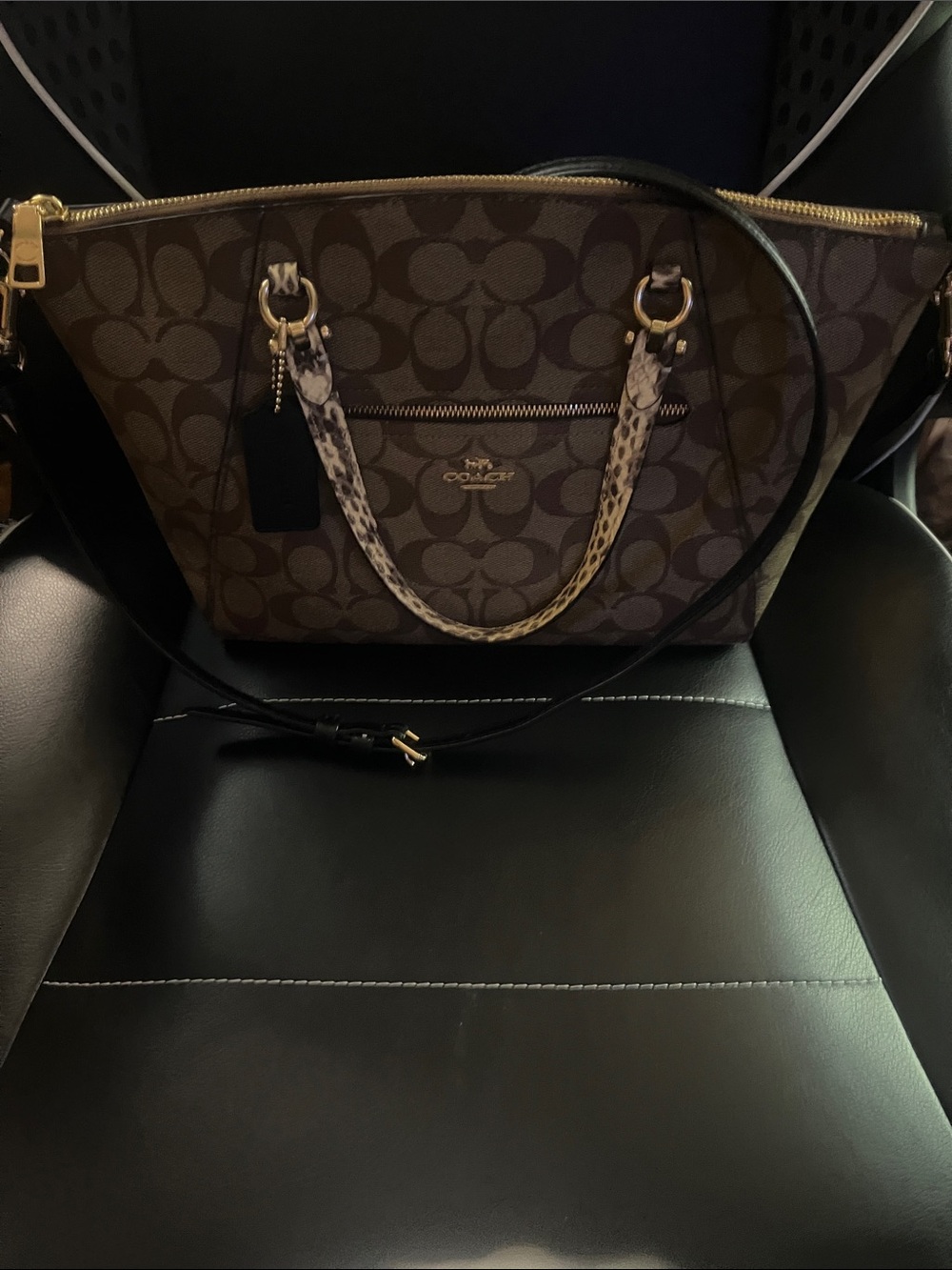 Coach Brown Signature Canvas Shoulder Tote with Snake-Print Handles